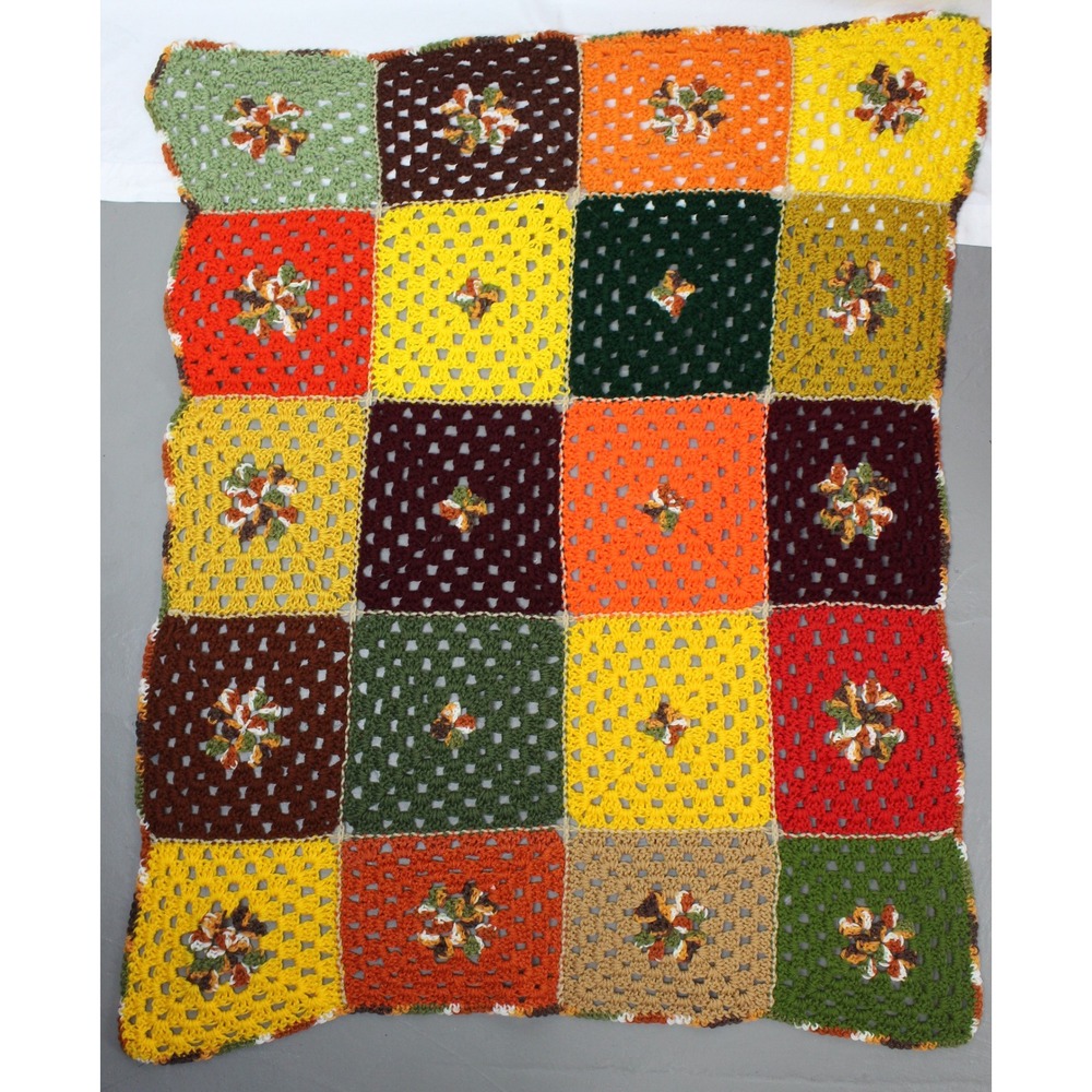 Vintage Handmade Crochet Granny Square Afghan Throw Blanket Autumn Colors Boho